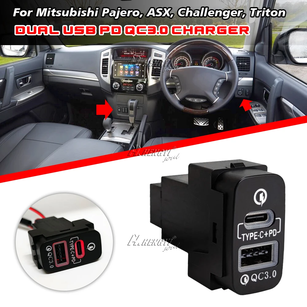 For Mitsubishi Lancer Outlander Pajero PD Car Charger QC3.0 Dual Fast USB-C PD + USB-A QC3.0 Charger Upgrade Kit Charger