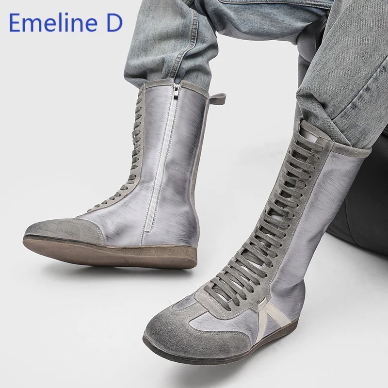 Mens Tall Combat Boots Spliced Leather Upper Multi Eyelet Lace Up Side Zip Flat Bottom Retro Punk Daily Wear Knee High Boots