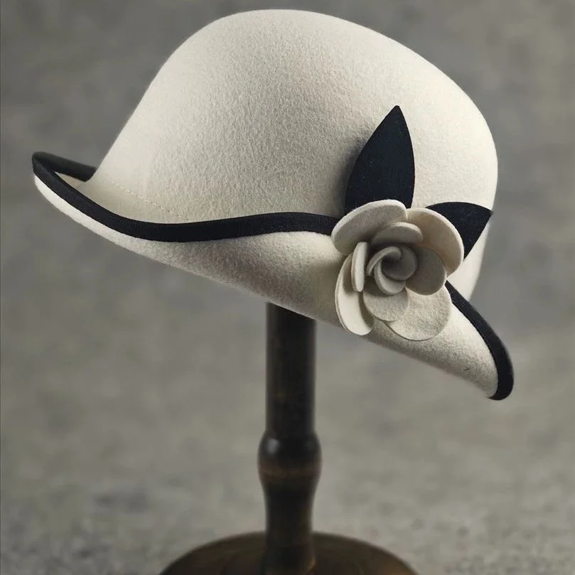 Women's Fashionable Wool Fisherman's Hat: Autumn/Winter Camellia-Print Bucket Hat with Contrasting Trim – A Versatile Party Hat