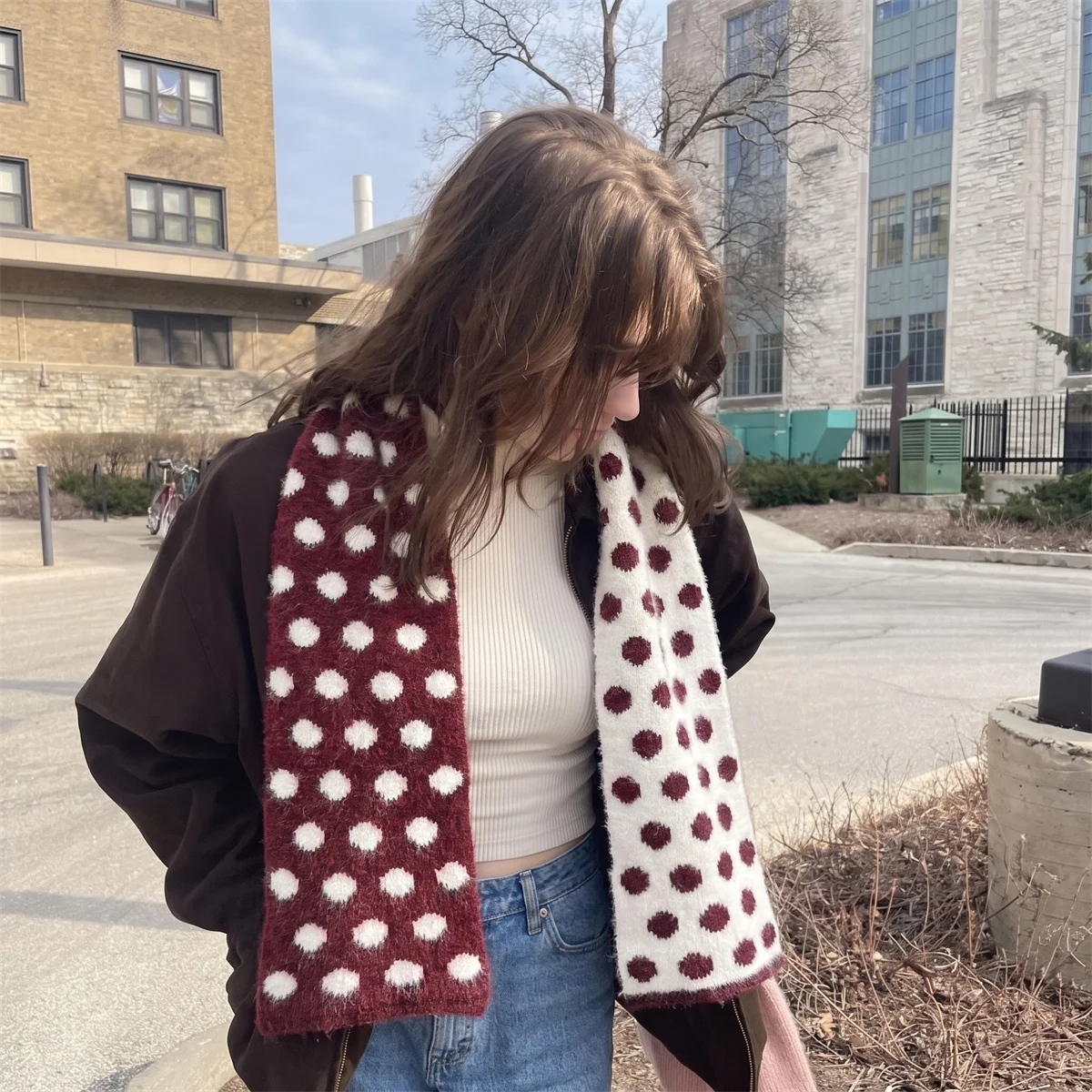 Women Polka Dot Knit Scarf Different Colors on Both Side Neck Wrap Soft Warm Winter Neckwear Street Style Versatile Daily Outfit