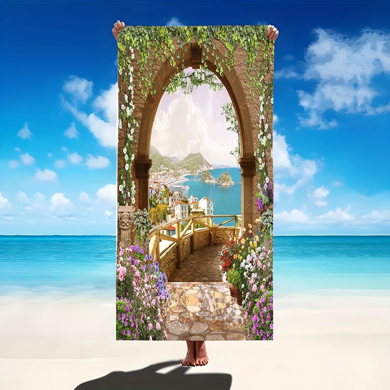 Mediterranean Sea View Microfiber Beach Towel Stone Arch Bath Blanket Greek Island Town Floral Pool Towels For Travel