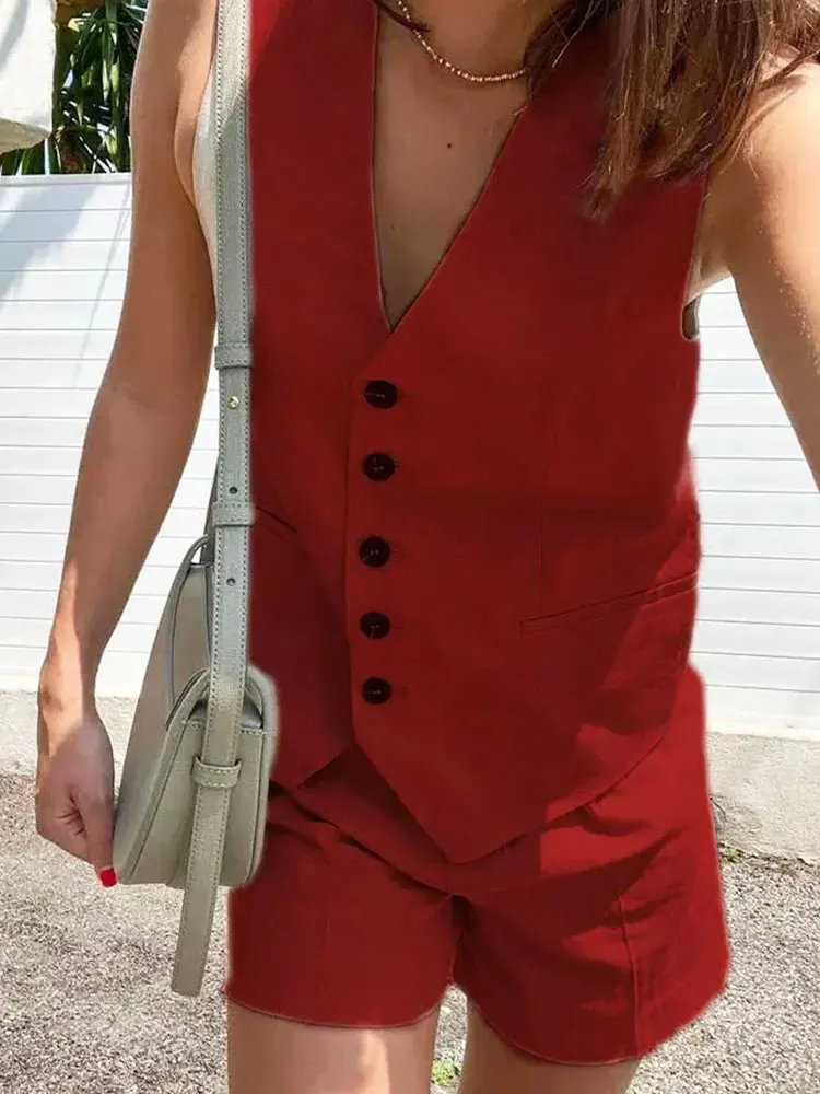 Vintage 2024 Summer Woman Solid Set V Neck Sleeveless Buttons Vest Top + Pockets Commute Wild Elegant Female Short Pant