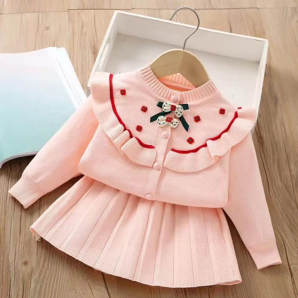 

Girls' Sweater Set Autumn And Winter 2025 New Fashionable Flower Little Girl Knitted Long Sleeve Lace Children's Two Piece Set