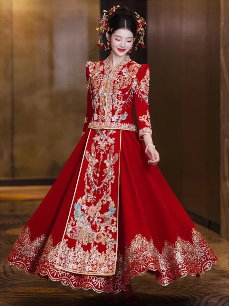 

Velvet bride's wedding new-style dress Chinese-style gown for women