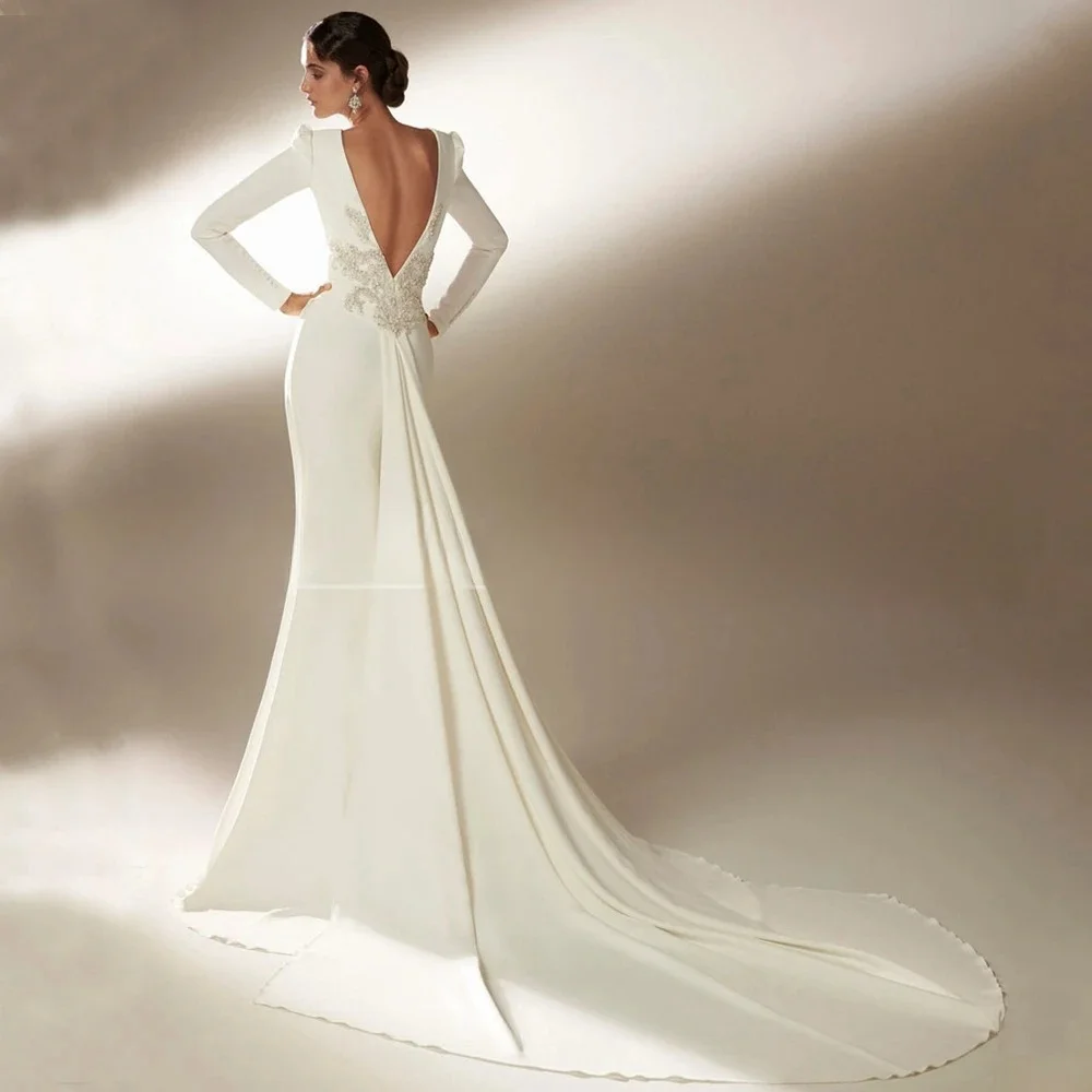 Long Sleeve Mermaid Wedding Dress with Pleat Floor Length Bridal Sexy Open Back Applique Delicate Customized Bride Gowns