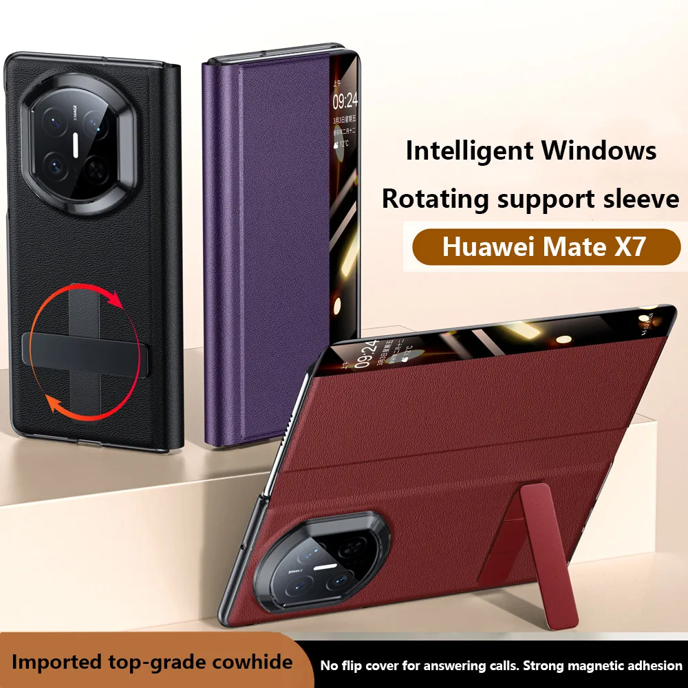 

Mobile Phone Case For Huawei Mate X7 MateX7 5G Genuine Leather Smart View Magnetic Flip Leather Kickstand Phone Cover