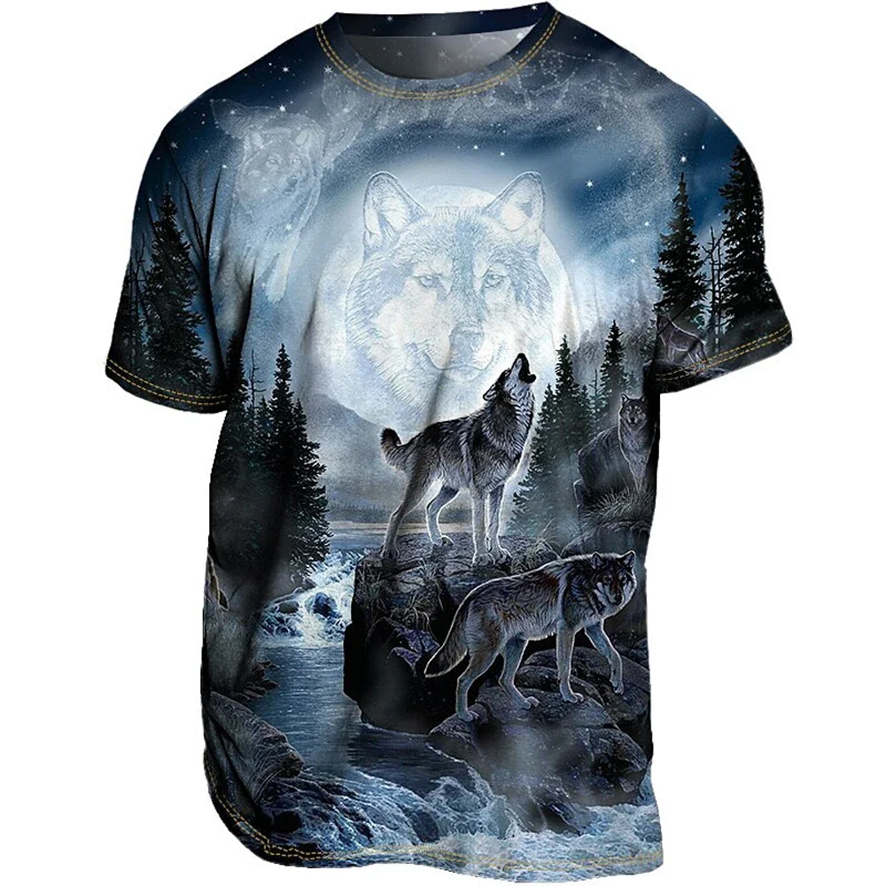 Men's Wolf Whistle Moon Printed T-Shirt Men's Casual Undershirt Men's Summer Fitness Sports Short Sleeve Men's Simple Clothing