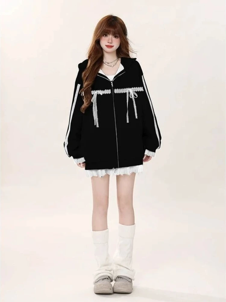 

Американская винтажная верхняя одежда на молнии, кружево, милый, с длинным рукавом, свободный, однотонный, модный, с карманами, субкультура, элегантный, с капюшоном, осень 2023 г.