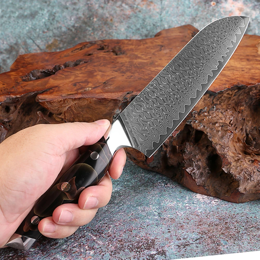 

Профессиональный 7-дюймовый нож Santoku, кухонный нож шеф-повара, японский острый нож из дамасской стали для нарезки, медная платиновая ручка из смолы
