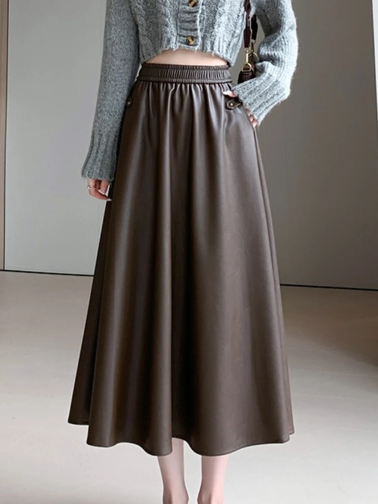 

REALEFT Autumn Winter Women's PU Leather Skirts 2025 New Vintgae Solid Color Hgh Waist Pleated A-line Long Skirts for Women