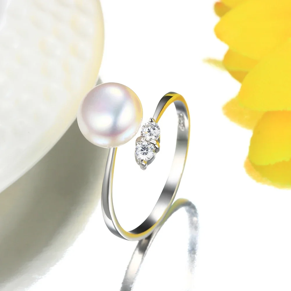 

Dainashi 8-9mm Bread Round Freshwater Cultured Pearl Adjustable Rings for Women Girls Crystal Zircon 925 Sterling Silver Rings