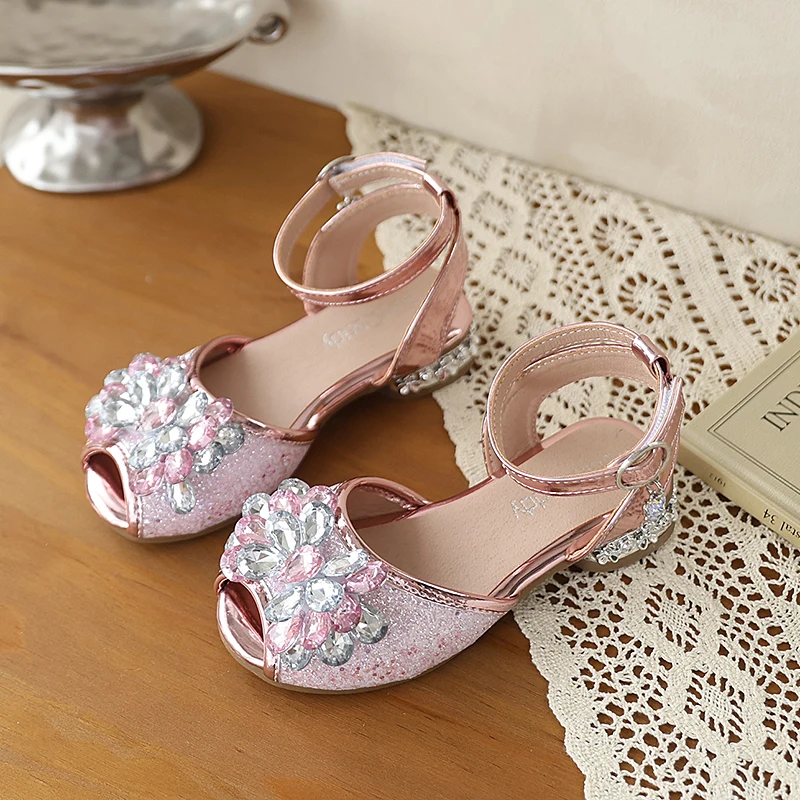 Girls Shiny Glitter Peep Toe Heel Sandals 3D Crystal Floral Thin Ankle Strap Lightweight Low Block Heel Shoes Toddler Wear