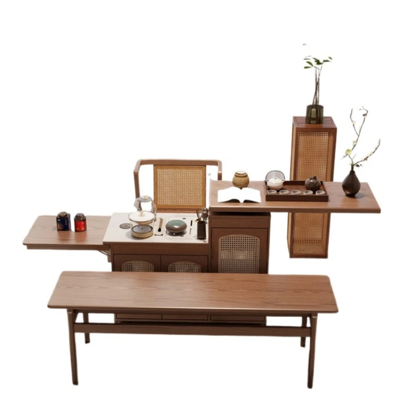 Household multi-functional tea cabinet, mobile solid wood coffee table, new Chinese rock slab tea table