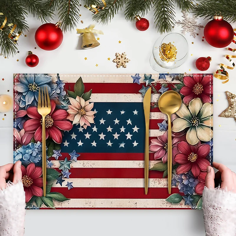 Patriotic Independence Day Placemats with Patriotic Floral And Stars And Stripes Design 30x40cm Rectangular Table Mats