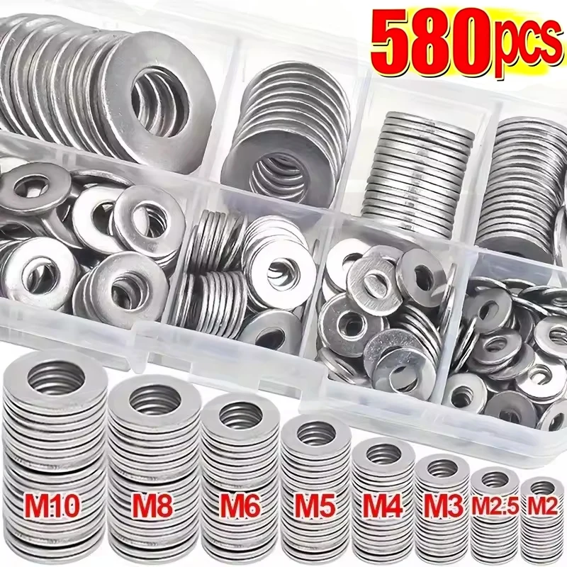 304 Stainless Steel Washer Set M2-M10 Size Easy to Install Durable Material, Ideal for DIY Projects/Machinery 80/180/360/580PCS