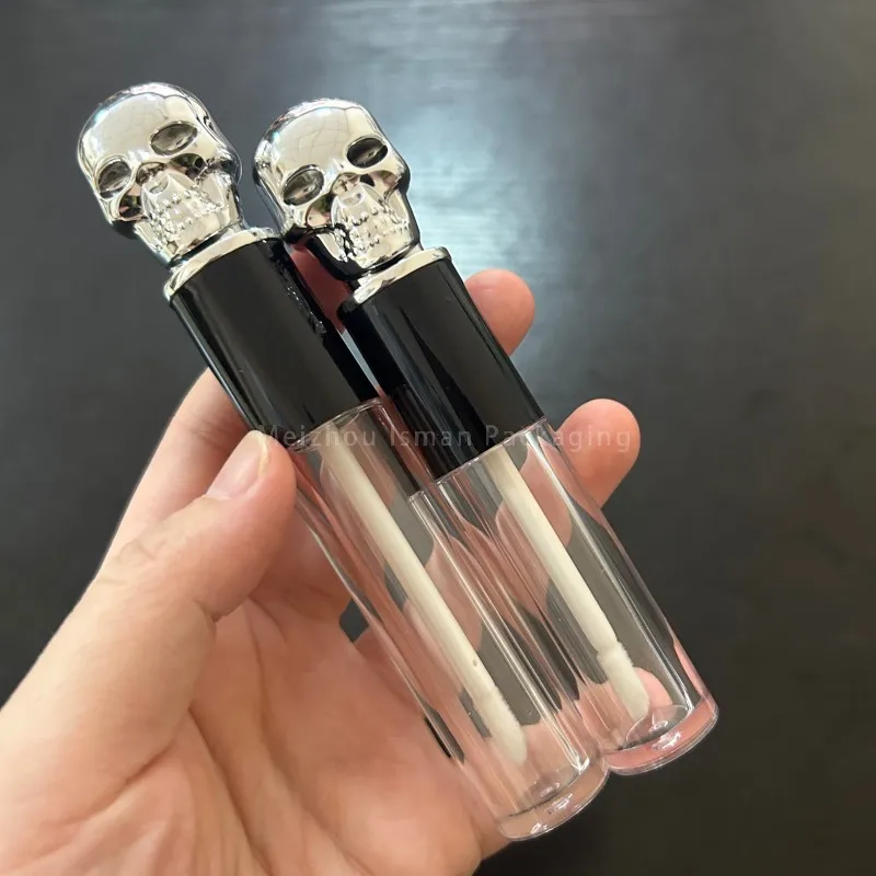 50pcs Halloween unique grande brosse blanc argent crâne lèvres glaçure tube vide tête humaine brillant à lèvres conteneur tubes vides 5 ml 3 ml