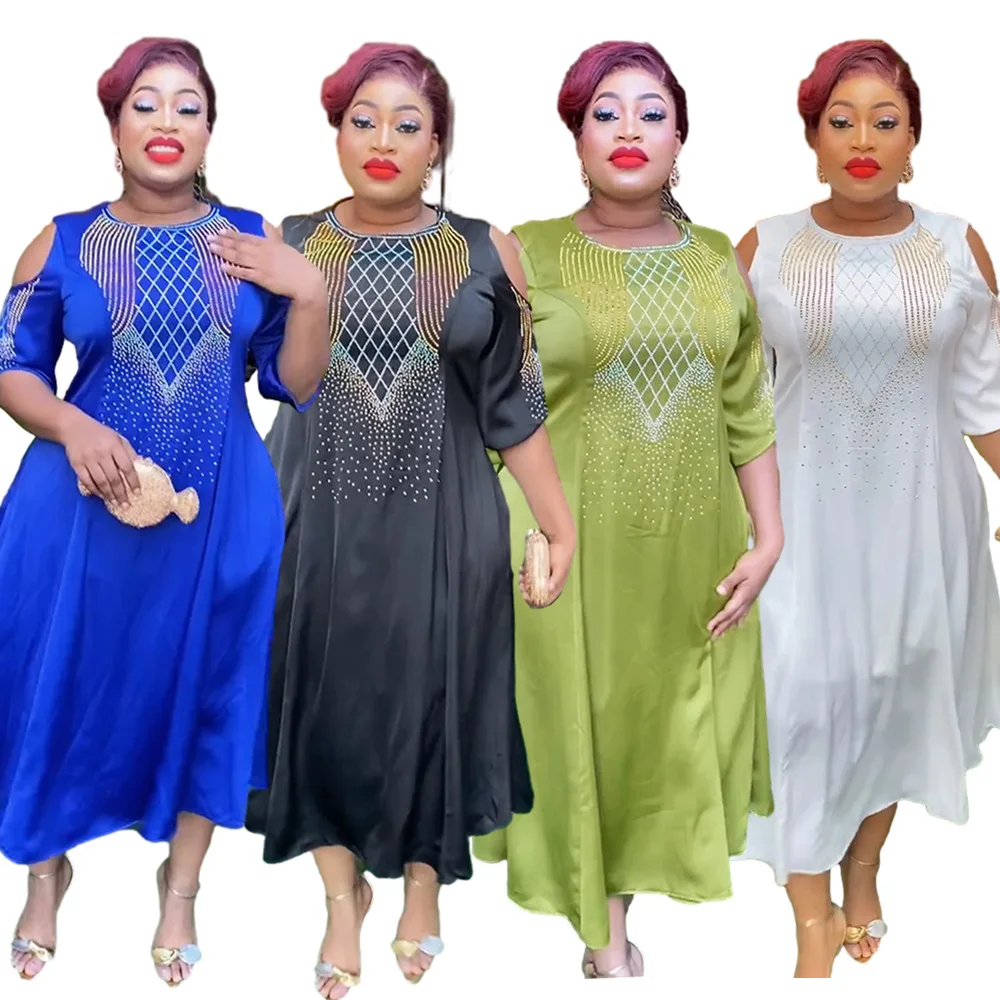 

African women's clothing large size spring and summer new off-the-shoulder five-quarter sleeve hot diamond dress