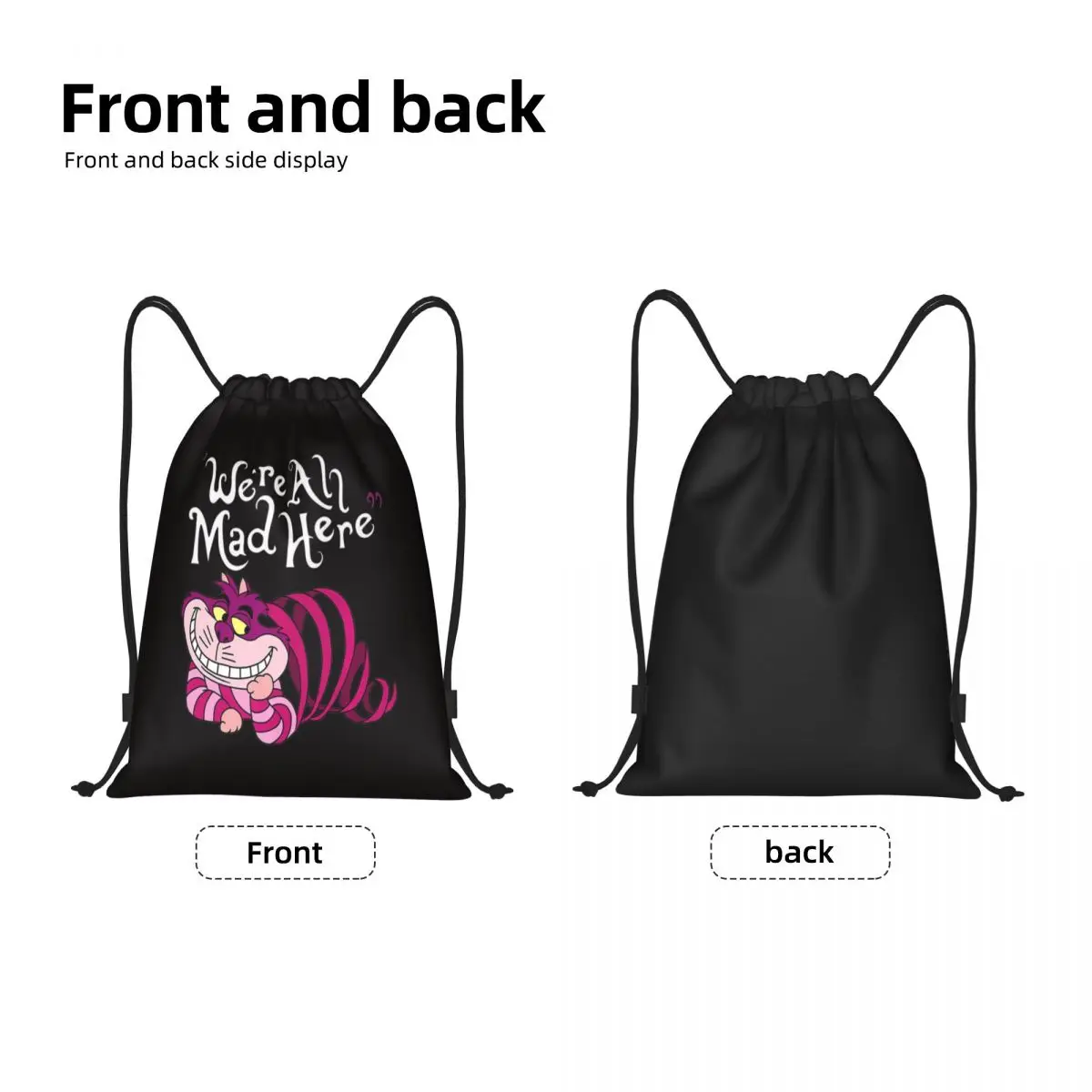 Custom Cheshire Cat Drawstring Bag Women Men Lightweight We're All Mad Here Cat Sports Gym Storage Backpack