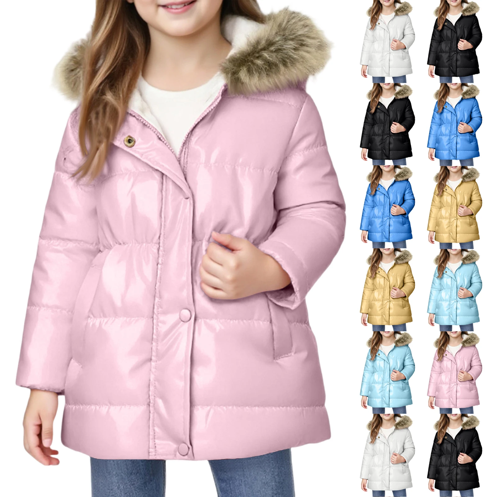 

Girls' Winter Solid Color Long Jacket Hooded With Fur Collar Cotton Jacket Comfortable Warm Fashion Cotton-Padded Jacket
