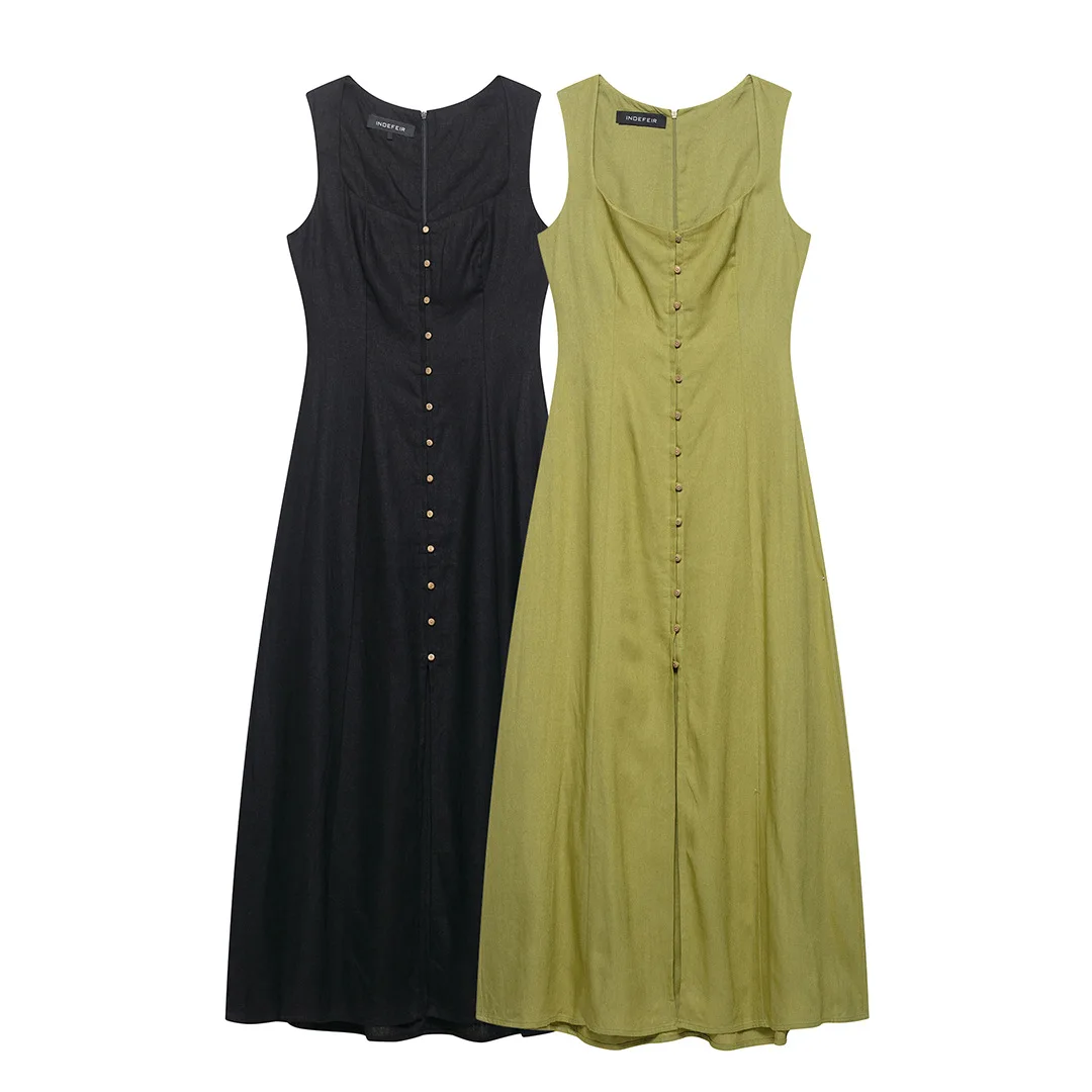 Robe mi-longue en lin, sans manches, col carré, élégante, minimaliste, robe de plage d'été