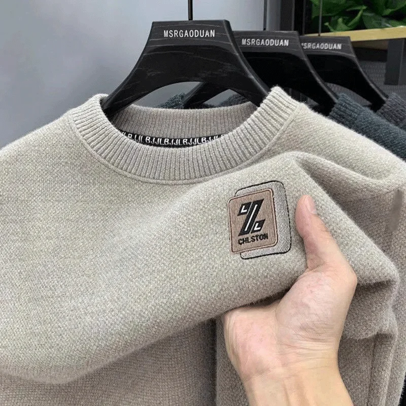 Herren-Pullover für Herbst und Winter, O-Ausschnitt, Strickmuster mit Schriftzügen, Plüschfleece-Futter, Warmer Wollpullover, Herren-Unterziehpullover, Jumper – Detail 2
