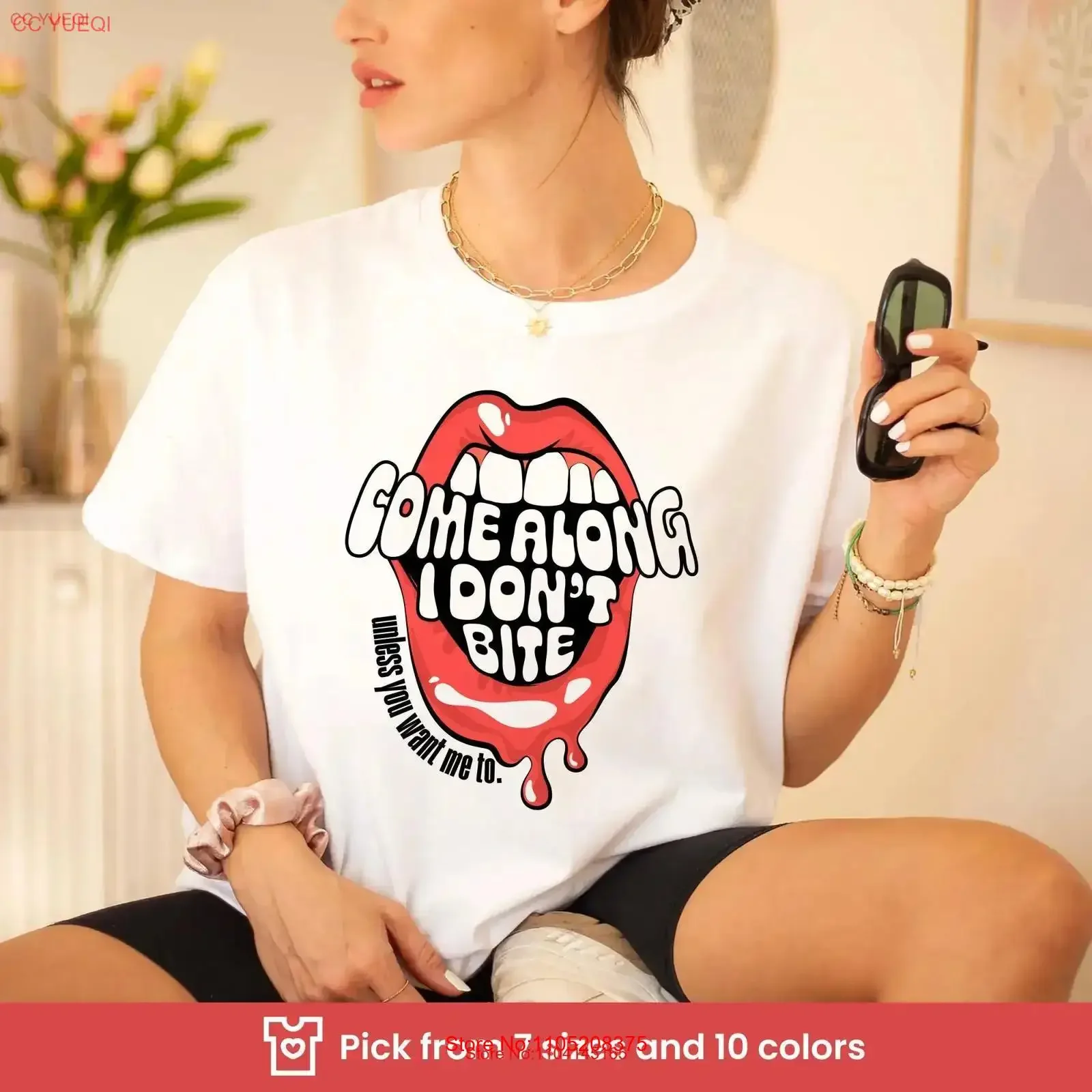 

Bite T Shirt Funny Saying Women Come Along I Don't Flirting Girl vintage Washed Casual Versatile Breathable Slightly graphic