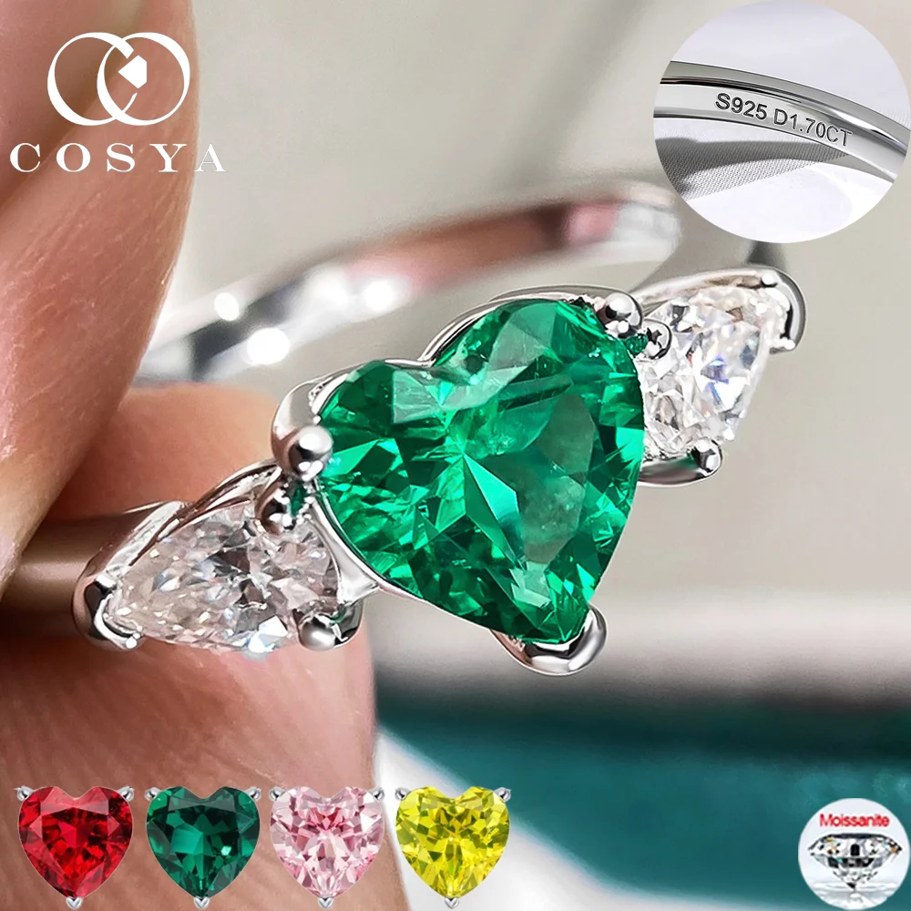 

COSYA 1-4CT Heart Cut Lab Grown Colombian Emerald Ring For Women S925 Sterling Silver Moissanite Wedding Band Party Fine Jewelry