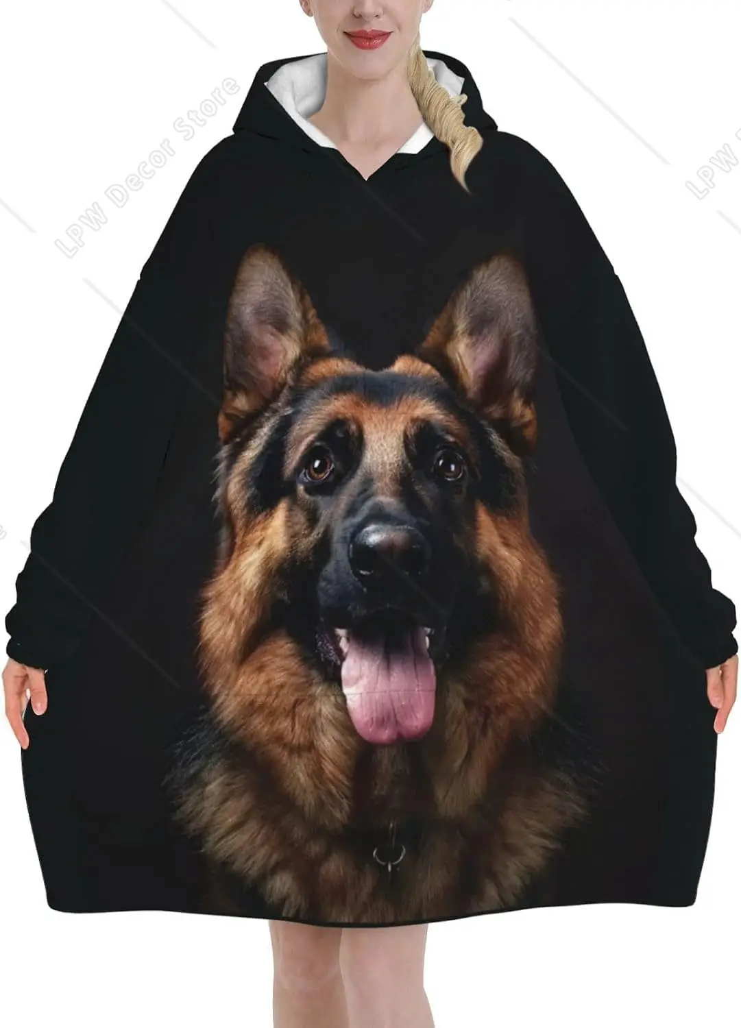Dog German Shepherd Wearable Blanket Hoodie Dog Animal Pattern Oversized Sweatshirt Blanket Cozy Warm Sherpa Hooded Blanket