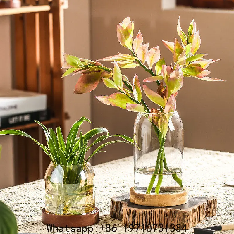 Walnut Glass Vase Decorative Ornament for Home Living Room Hydroponic Flower Arrangement Office Desk Countertop Green Plant Pot