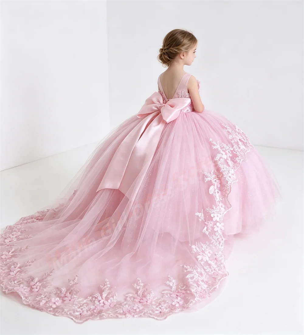 Luxurious Girls' Children's Dresses with Fluffy Satin Bows Trailing for Wedding Communion Parties and Evening Gowns