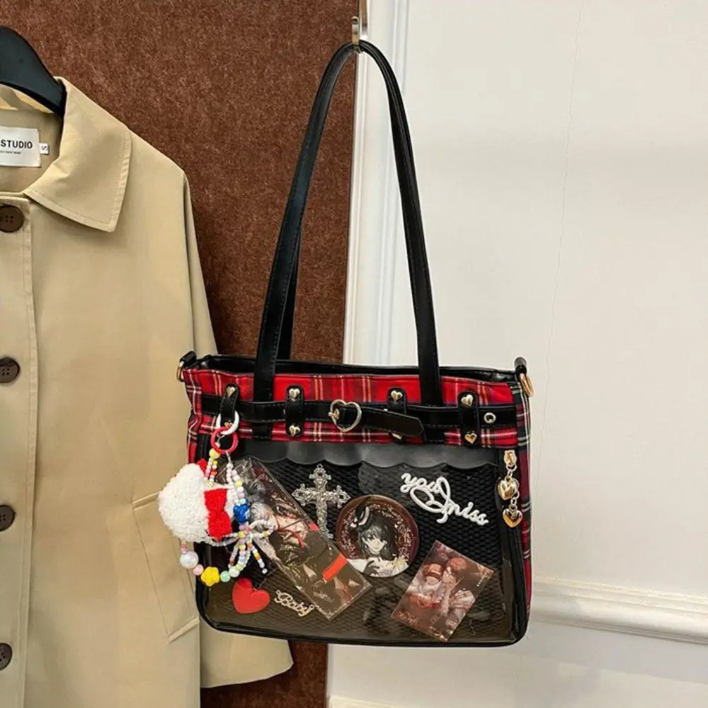 

Y2K Cartoon Anime Itabag Lattice Large Capacity JK Crossbody Bag Backpacks Badge Display Transparent Shoulder Bag