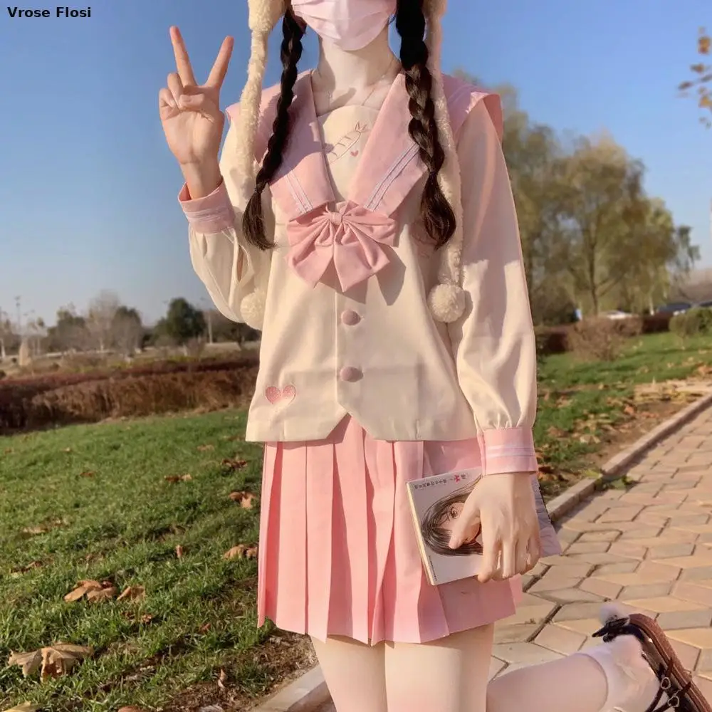 Uniforme scolaire japonais pour filles, jupe longue imbibée de marin doux et mignon, vêtements de matériaux roses de haute qualité, costume Anime Cos