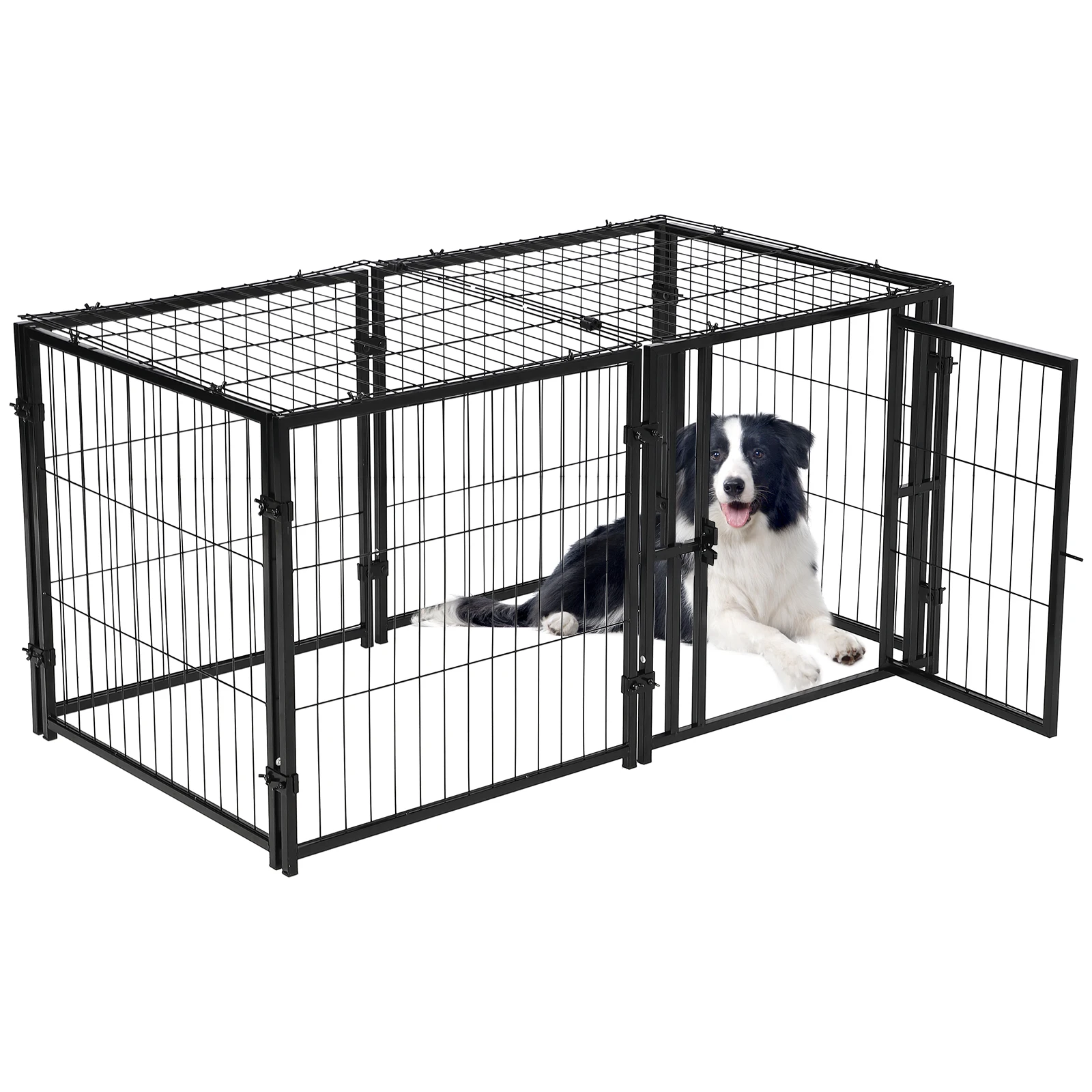 48 inch Heavy Duty Dog Crate, Large Metal Dog Cage with Flexible Divider, Dog Cage House with 2 Door, 2 Feeding Bowls, Removable Tray for Small Medium Large Pets