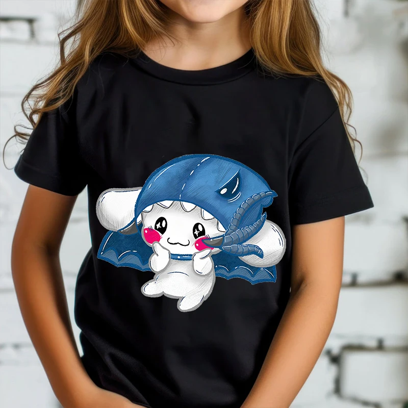 T-shirt dziecięcy z nadrukiem Cinnamoroll Letnie dziecięce bawełniane czarne topy z krótkim rękawem, odpowiednie dla chłopców i dziewcząt