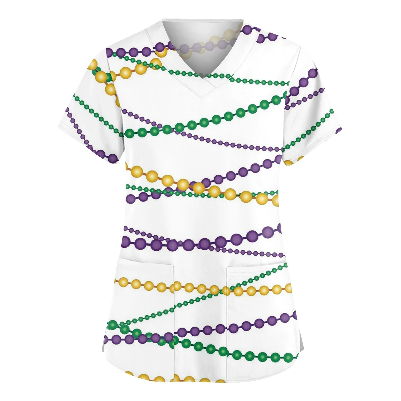 Vêtements de travail de protection imprimés de carnaval, col en v, manches courtes, poche latérale, fente latérale, haut à la mode pour dames