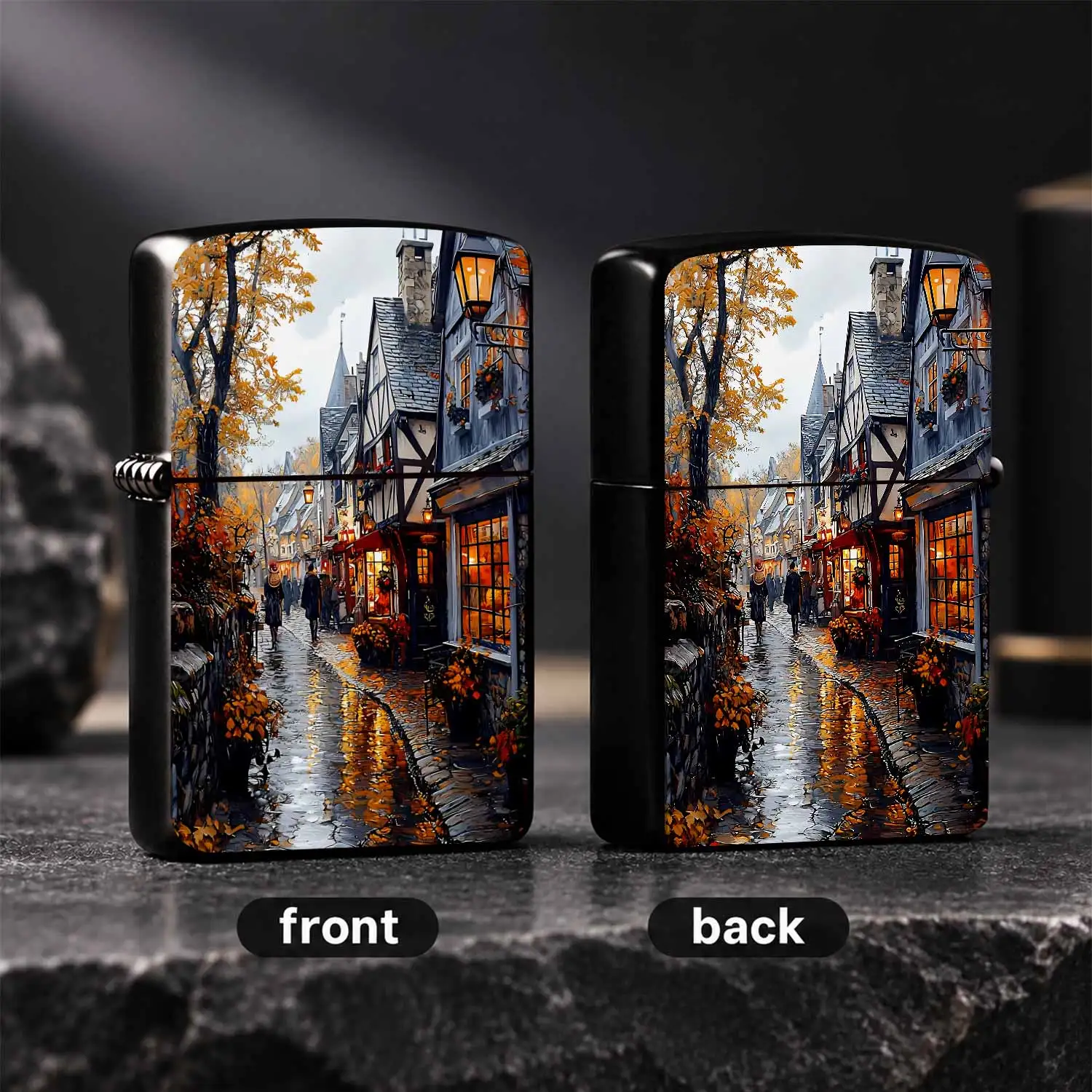 Vintage Autumn European Town Street Scene Lighter, Warm Glow After Rain Old Lane Printed Portable Accessory, Versatile Exquisite Daily Item for Travel Home Gatherings, Creative Delicate Present for Friends and Hobbyists A Humorous And Inter
