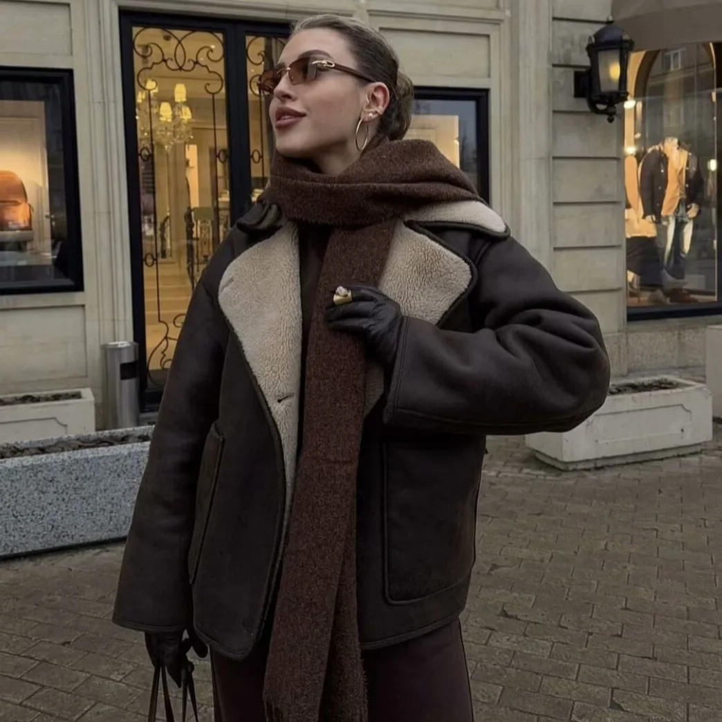 

Женское зимнее теплое пальто в стиле ретро, однотонная однобортная кожаная меховая интегрированная бейсбольная куртка с длинными рукавами и карманами, верхняя одежда