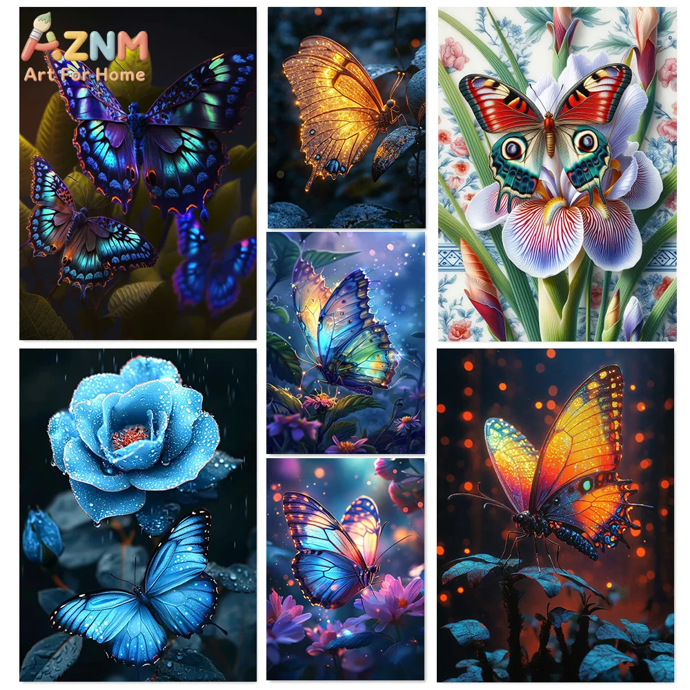 AZNM Glowing Colorful Butterfly Blue Rose Floral Canvas Print Shiny Insect Flower Art Dark Background Home Bedroom Wall Decor Un