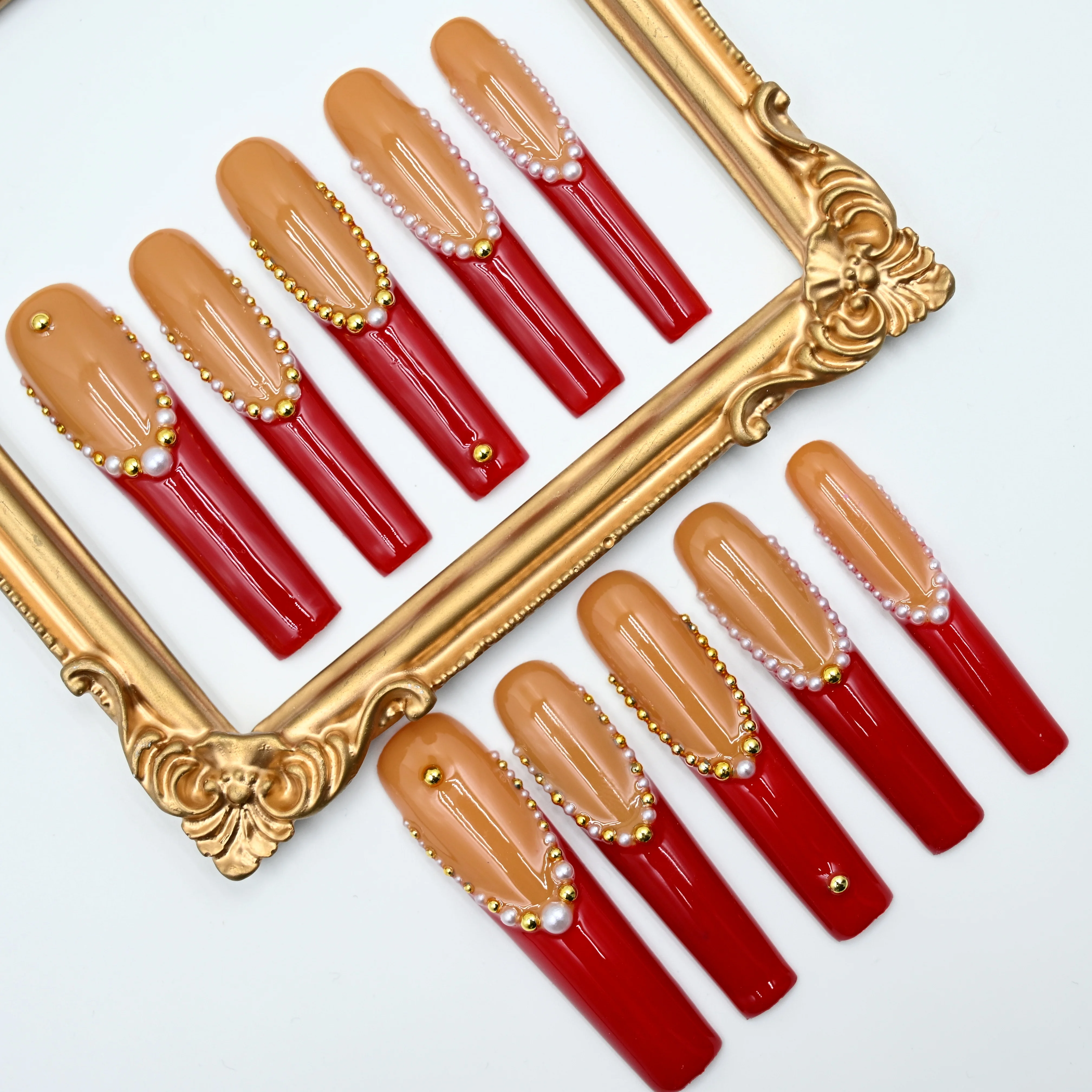 

10Pcs Handmade Long Square Press on Nails, Elegant Retro Glam Style with Pearl & Gold Stud Accents + Nude-Brown & Red Color Bloc