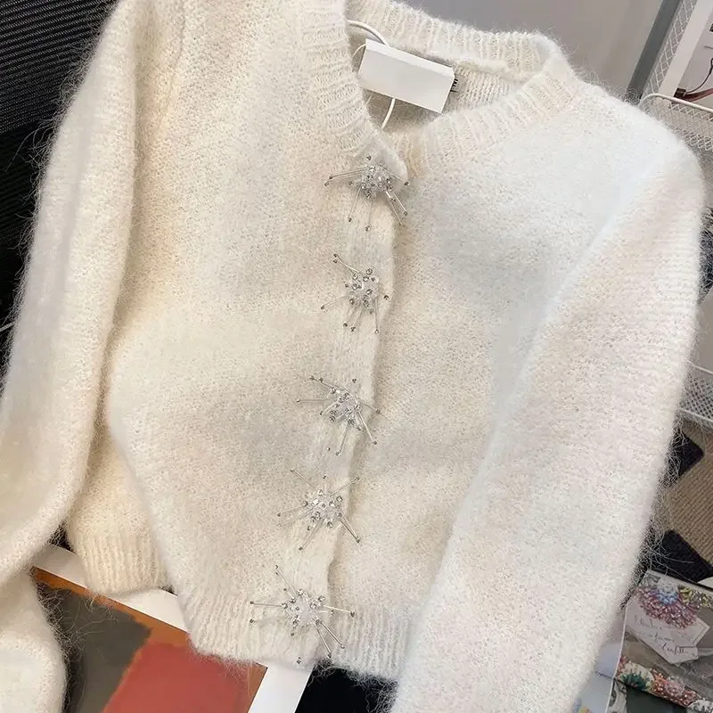 Korejpaa Elegant Cardigans Women Vintage Clothes 2024 Autumn Round Neck Chic Buttons White Knitted Cardigan Sweater Coat