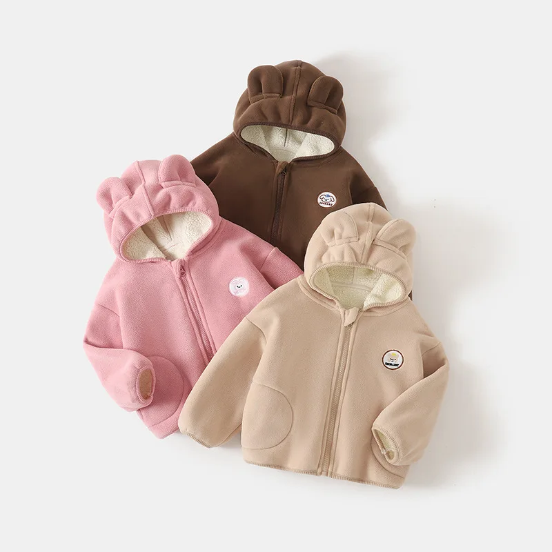 

0-5Y Baby Boys Girls Autumn Thickened Fleece Hooded Children's Jacket 2025 Toddler Kids Cute Bear Ear Warm Winter Coat Outerwear
