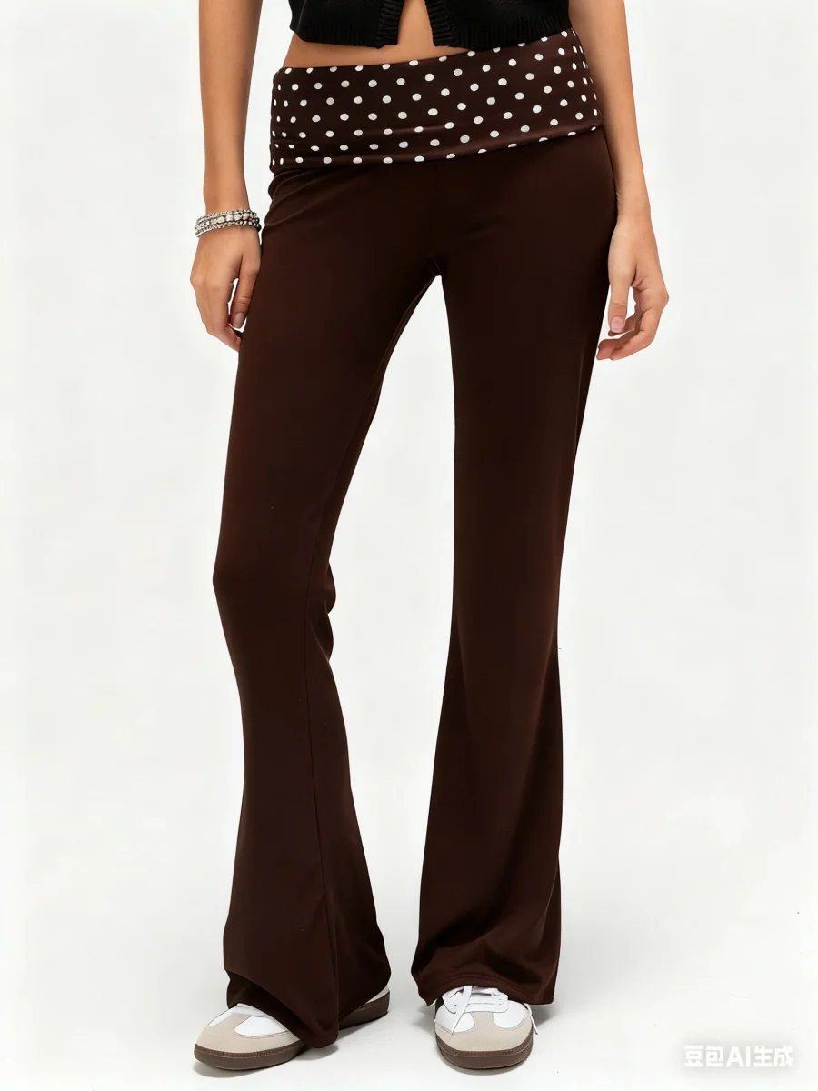 Womens Polka Dot Fold Over Waistband Flared Pants Elastic Low Waist Wide Leg Leggings Bell Bottoms Sweatpants