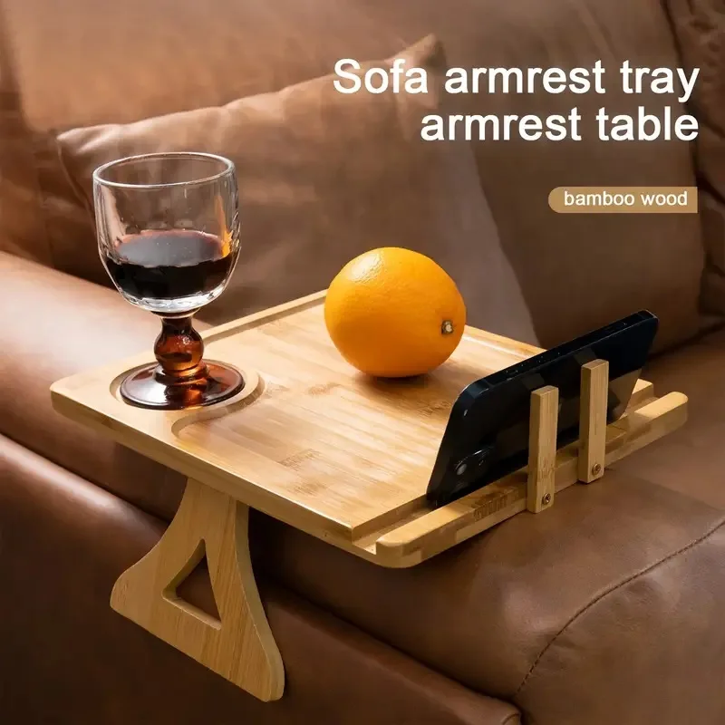 Bamboo Armrest Tray with Phone Holder Clip-on Sofa Snack Rack Creative Hands-Free Tableware Plate for Lazy Home Storage Stand