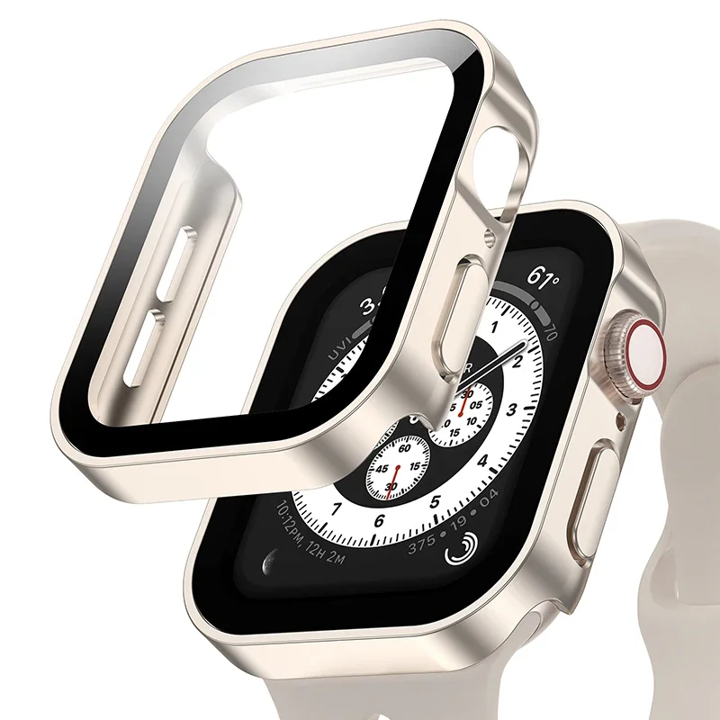 Glass+cover For Apple Watch case series 9 8 7 6 5 4 se 44mm 40m 41mm 45mm Straight Edge Screen Protector apple watch accessories