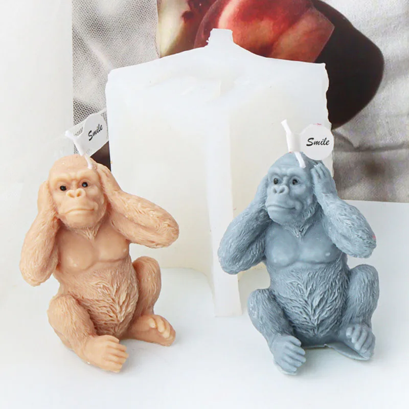 3D Sitting Gorilla Candle Silicone Mold No Look No Listen No Speak Gorilla Monkey Scented Candle Gypsum Resin Mould Craft Decor