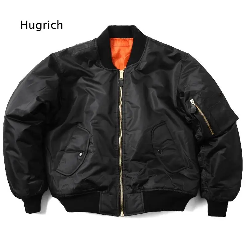 Men Navy Blue Jacket Orange Inner Lining Full Zip Ribbed Collar Cuffs Hem Side Snap Pockets Pocket Vintage Flight Outerwear