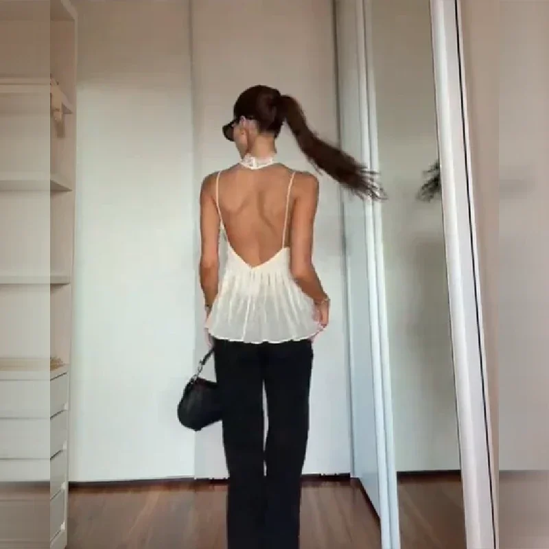 Solides Spitzen-Patchwork-Oberteil für Damen mit Spaghettiträgern, transparentem Chiffon und plissiertem Camisole-Top, 2026 neue Sommerkollektion für den Alltag und Dates, Damen-Cami-Tops. – Detail 5