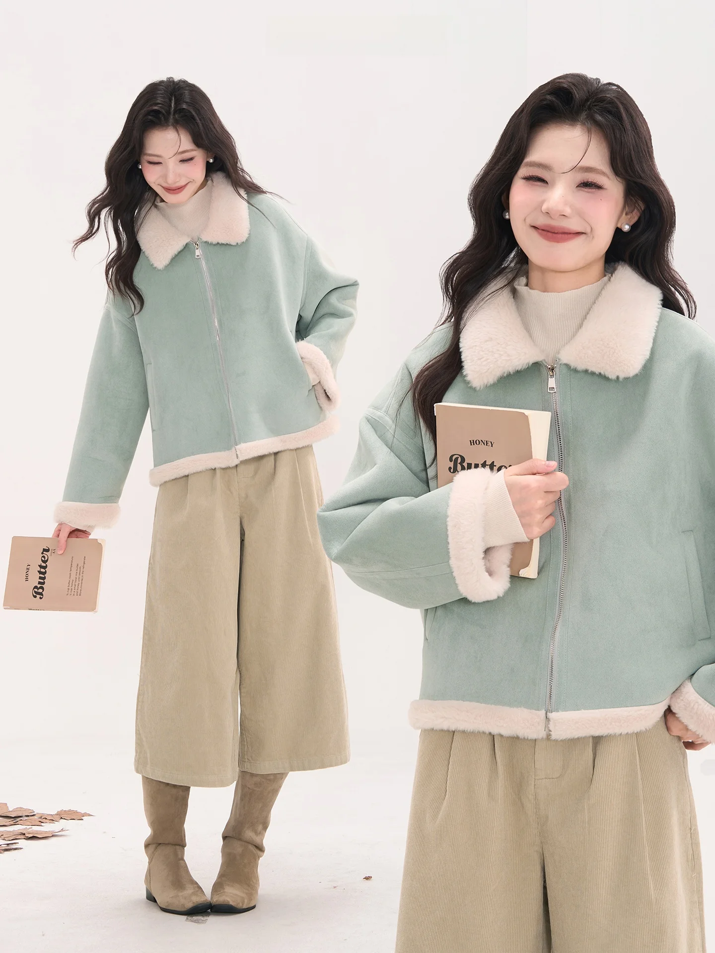 

Утепленная замшевая куртка с молнией для женщин, корейский стиль, для повседневной носки, с отложным воротником, с отделкой из искусственного меха