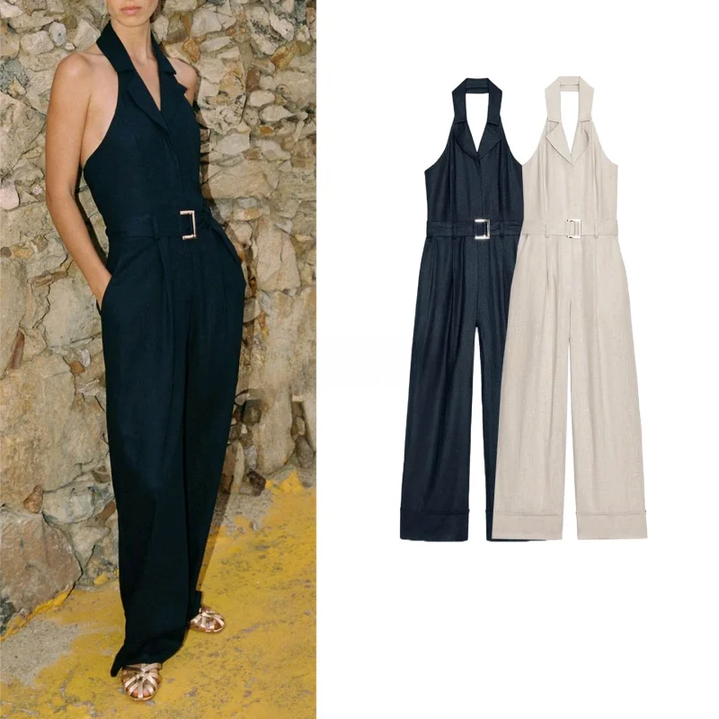 

New Summer Women's Overall Pants with Belt Mixed Flax Collar Hanging Ne Design High Waist Straight Leg Long Pants