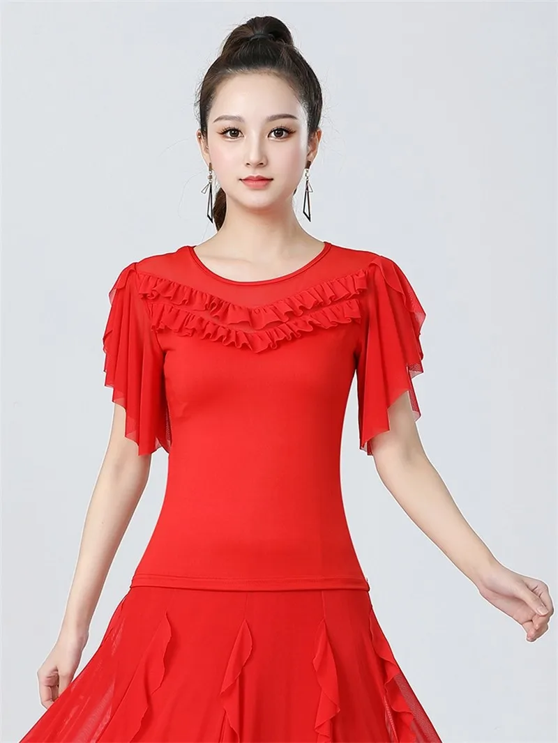 Women Latin Dance Top Tango Jazz Waltz Ballroom Dancing Shirt Short Sleeve Ruffles Dance Practice Performance Dance Costume